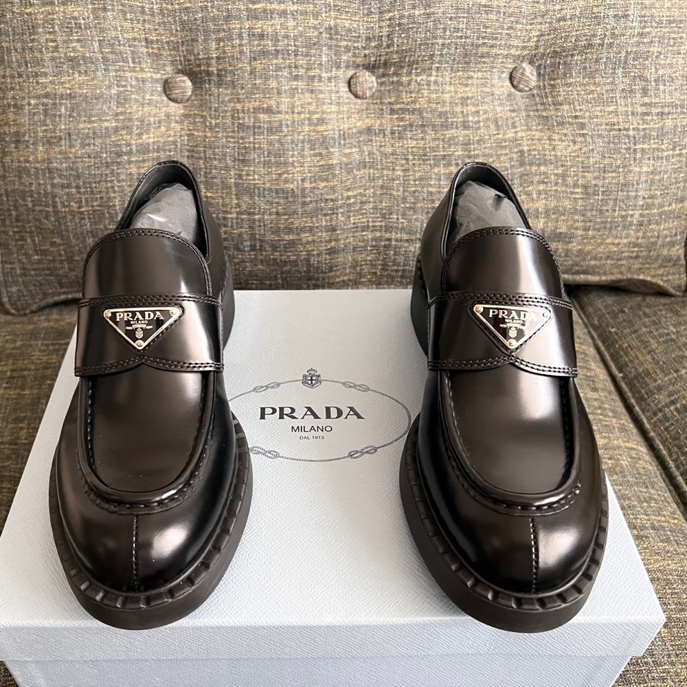 Authentic Prada Leather Triangle Logo Spazzolato Loafers, 38.5